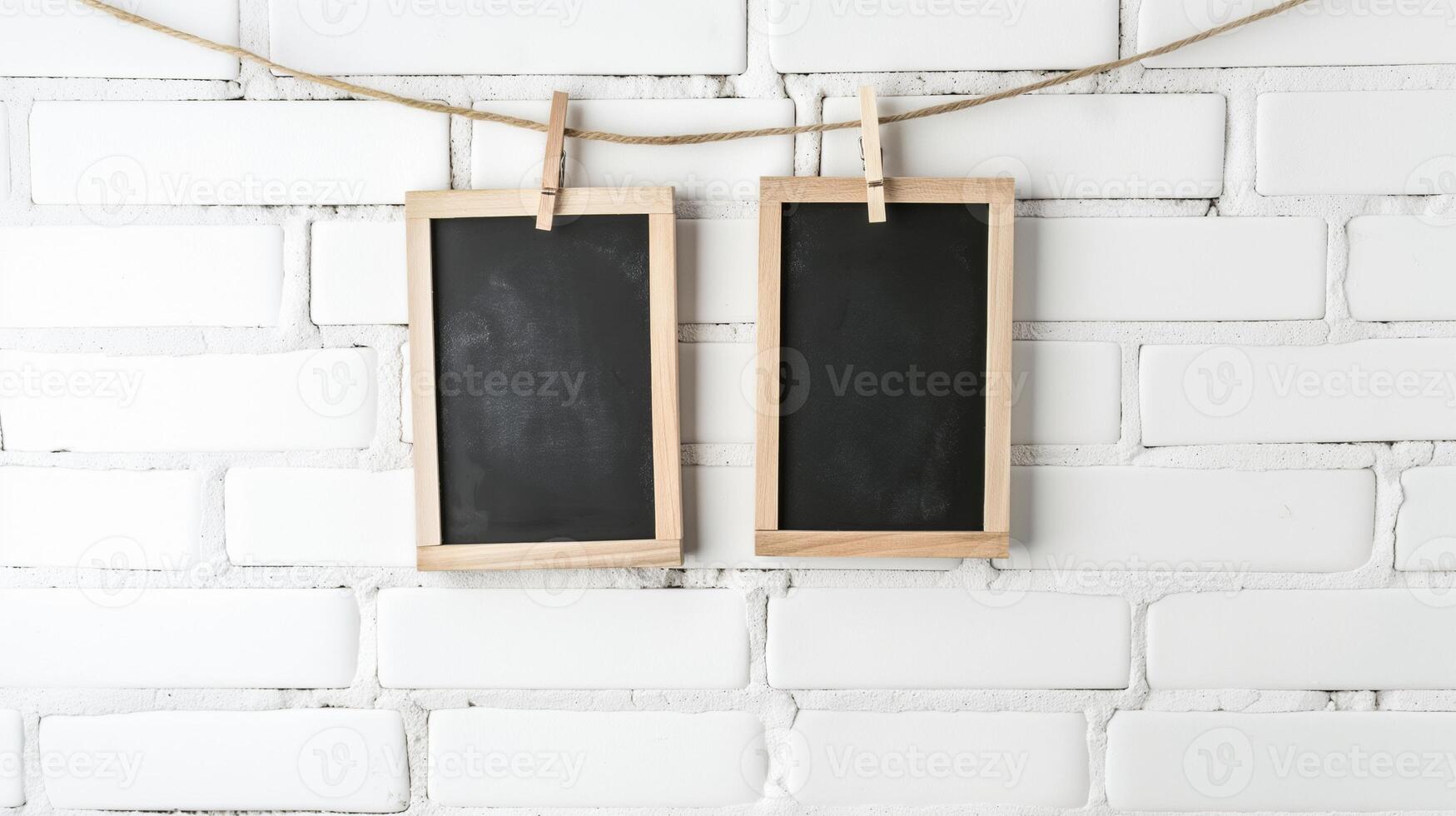 Small chalkboards mockups hanging near brick wall. Notice boards with rope and clothespins template advertising image. Blackboards mock ups in interior product photorealistic photo