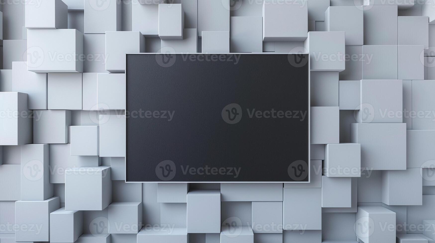 Blackboard mockup hanging on textured wall. Black signboard and abstract geometric pattern template advertising image. Chalkboard mock up for announcement product photorealistic photo