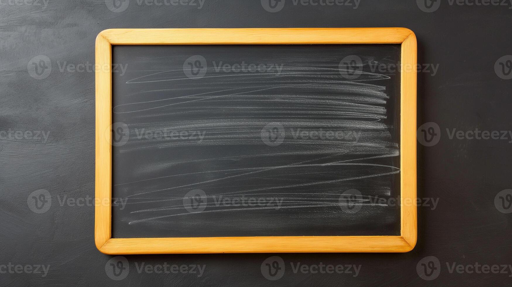 Blackboard mockup with chalk dust smears. School education supplies empty board template advertising image. Wooden framed chalkboard mock up on black surface product photorealistic photo