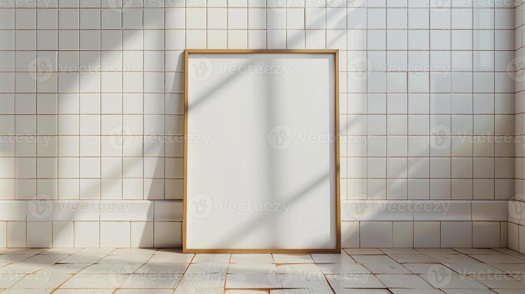 Simple wooden frame mockup leans against tiled wall with sunlight shadows. Modern simplicity poster photoframe template advertising image. Contemporary pictureframe mock up realistic photo