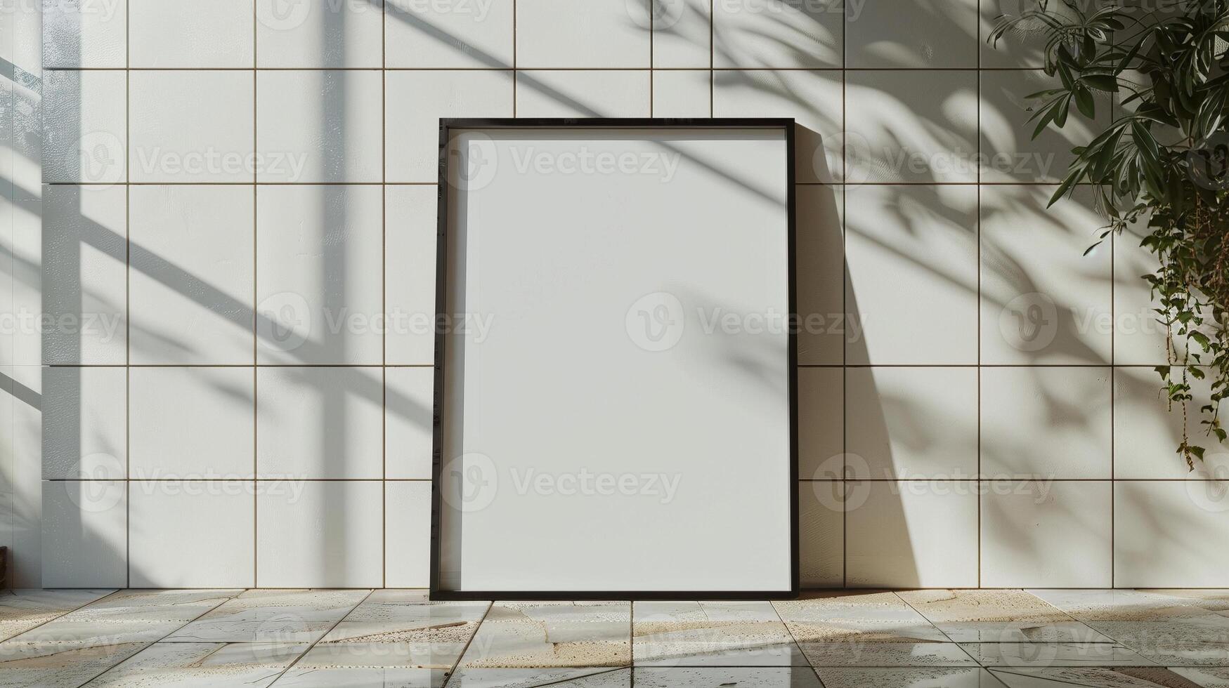 Black frame mockup leans against tiled wall illuminated by sunlight. Neutral tones poster photoframe template advertising image. Contemporary pictureframe mock up product photorealistic photo