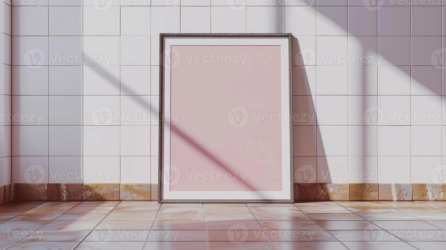 Pink poster mockup in ornate frame against sunlit tiled wall. Neutral tones photoframe template advertising image. Contemporary elegance pictureframe mock up product photorealistic photo