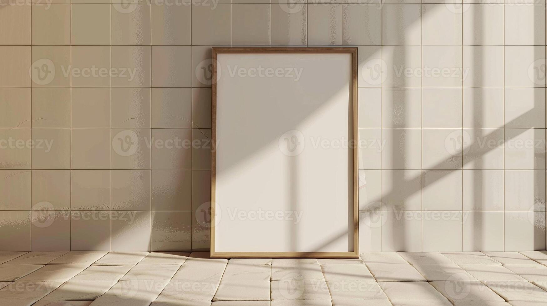 Blank wooden frame mockup against beige tiled wall in sunlight shadows. Neutral tones poster photoframe template advertising image. Contemporary pictureframe mock up photorealistic photo