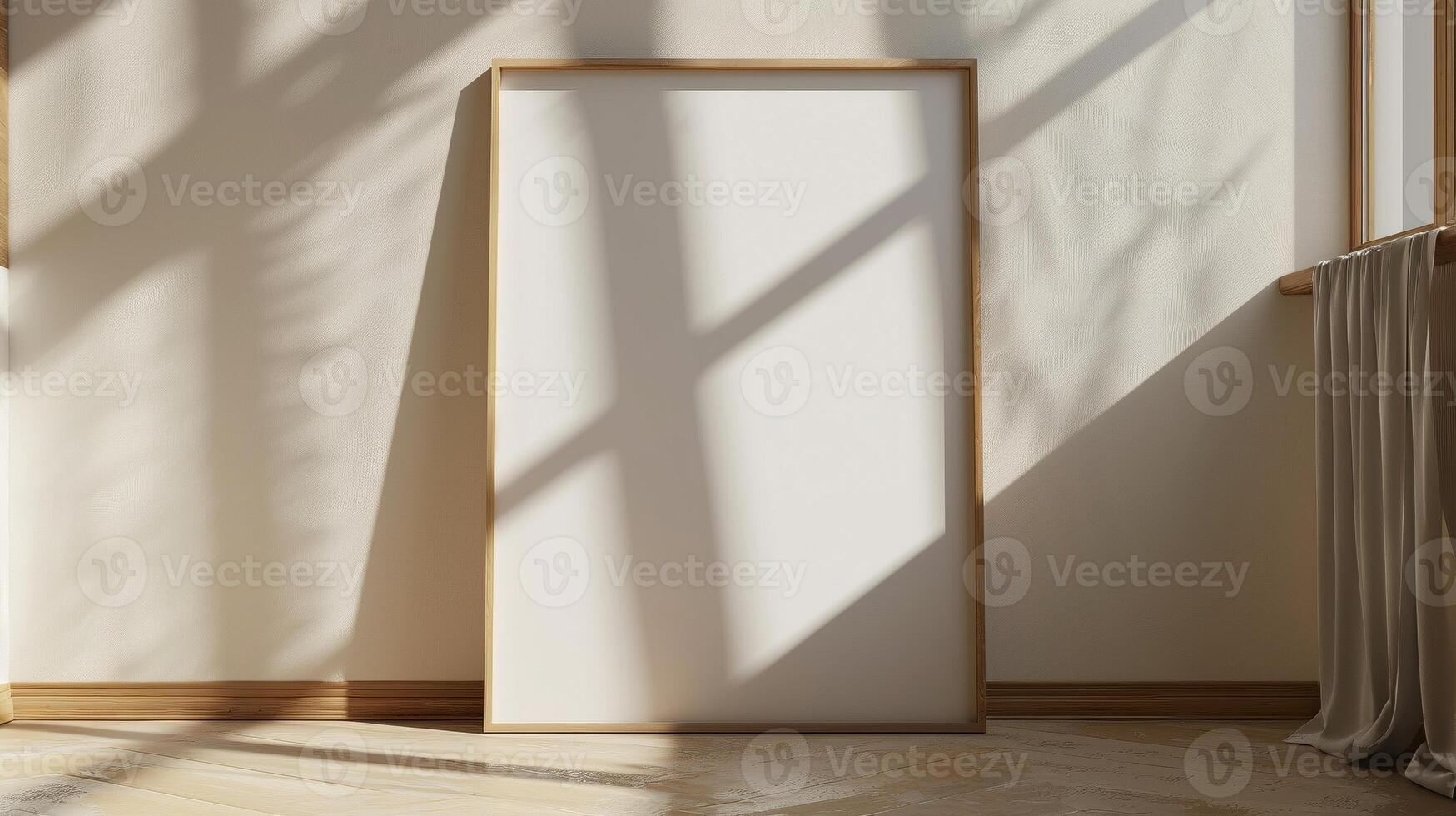 Simple wooden frame mockup leans against beige wall with sunlight shadows. Neutral wall poster photoframe template advertising image. Interior simplicity pictureframe mock up realistic photo