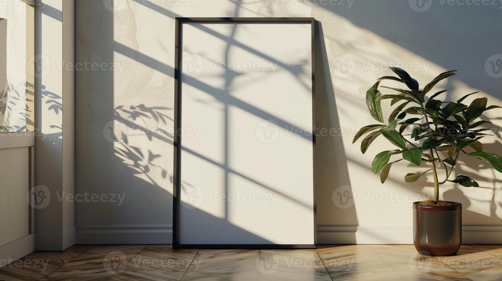 Modern black frame mockup in sunlit room with shadows flowerpot. Neutral wall poster photoframe template advertising image. Interior simplicity pictureframe mock up photorealistic photo