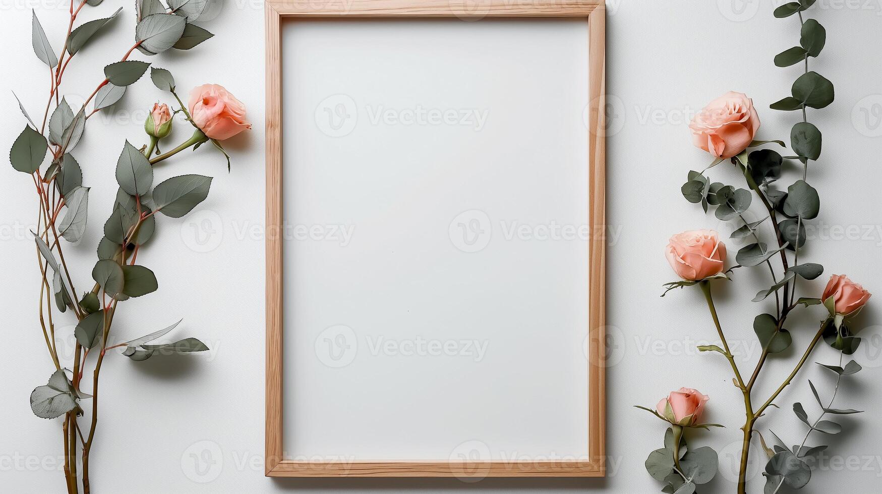 Vertical wooden frame mockup in roses stems and eucalyptus branches. Nature-inspired photoframe border template advertising image. Romance botanical pictureframe mock up photorealistic photo