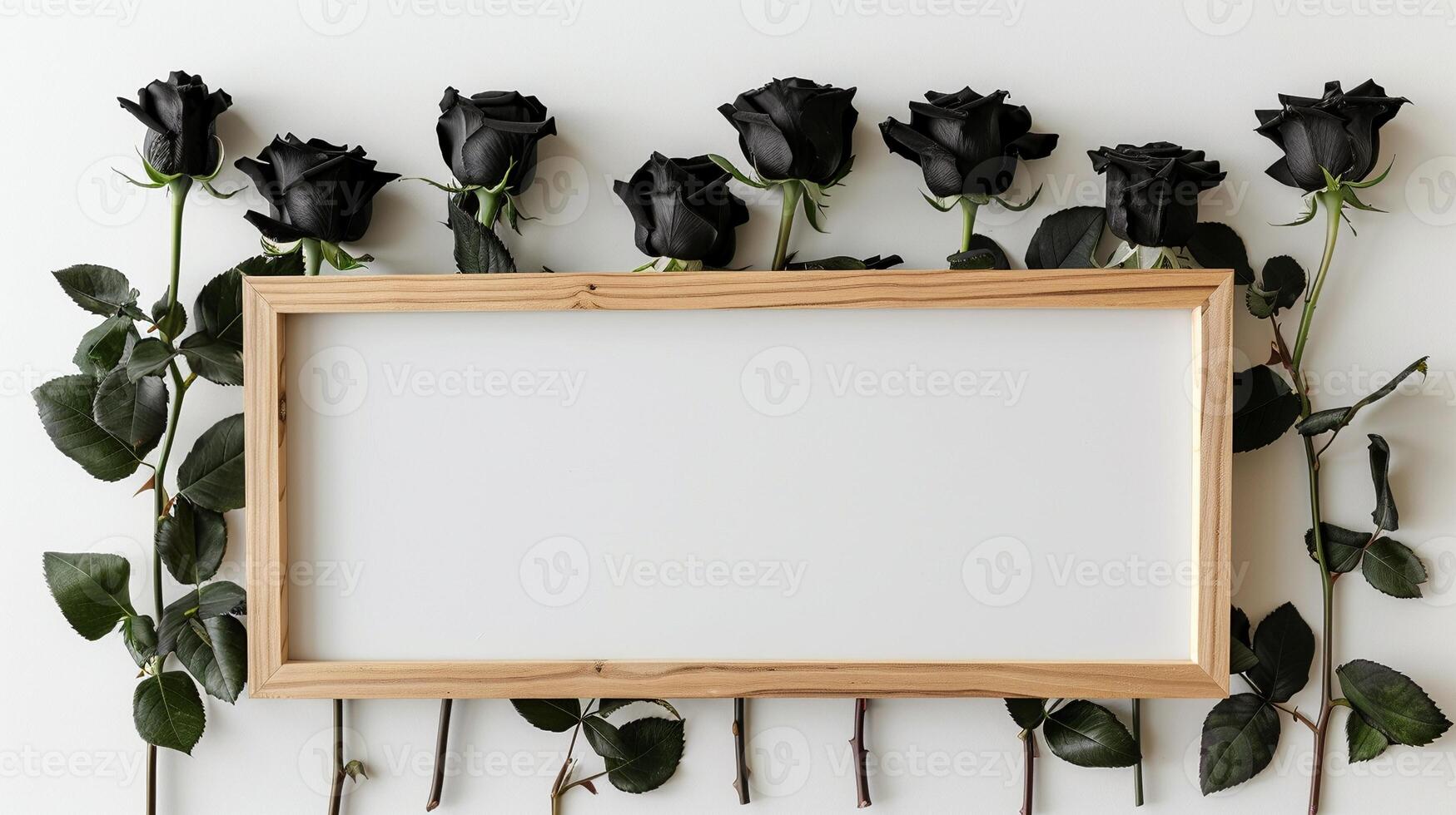 Horizontal wooden frame mockup surrounded by eight black roses. Monochrome floral funeral mourning border template advertising image. Bereavement obituary photoframe mock up realistic photo