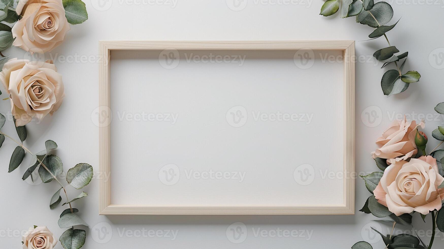 Wooden frame mockup bordered by elegant beige roses and eucalyptus leaves. Nature-inspired photoframe border template advertising image. Romance botanical pictureframe mock up realistic photo