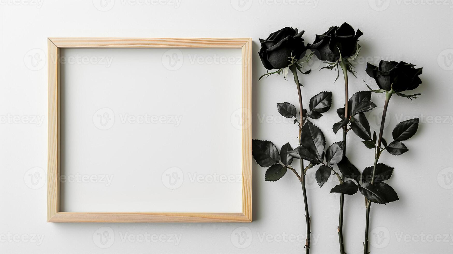 Minimalist wooden frame mockup with three black roses on white background. Funeral mourning border template advertising image. Bereavement obituary photoframe mock up photorealistic photo