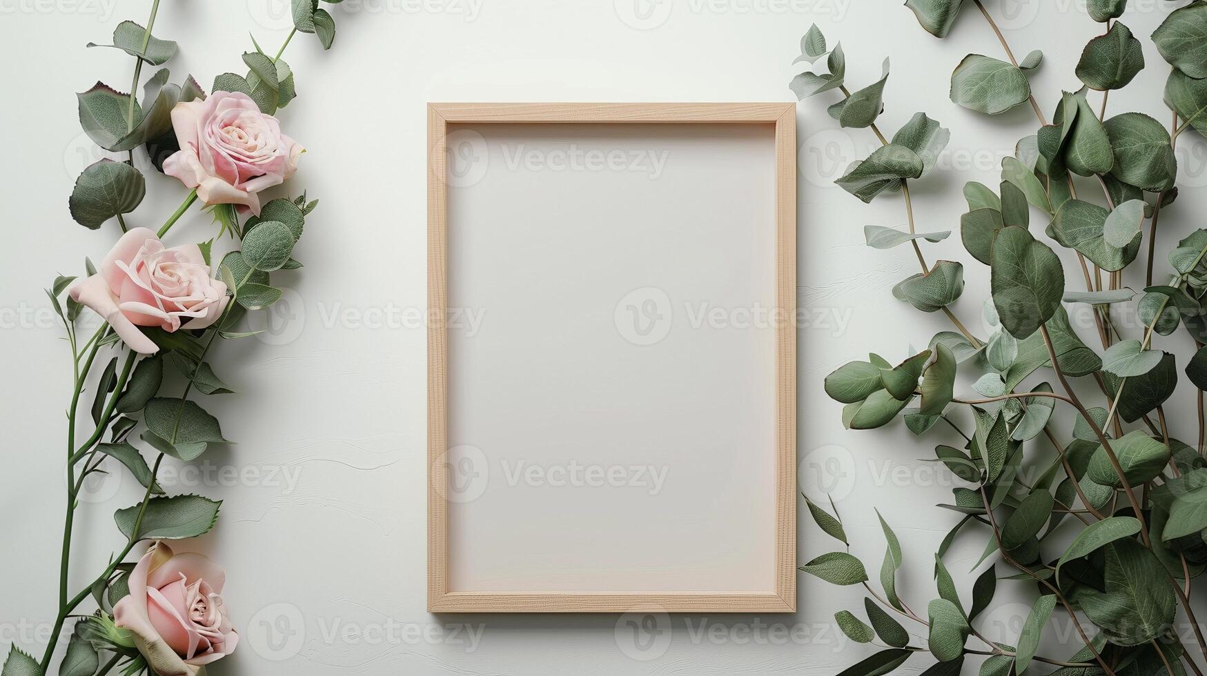 Light wooden frame mockup surrounded by soft pink roses and eucalyptus leaves. Nature-inspired photoframe border template advertising image. Romance botanical pictureframe mock up photo