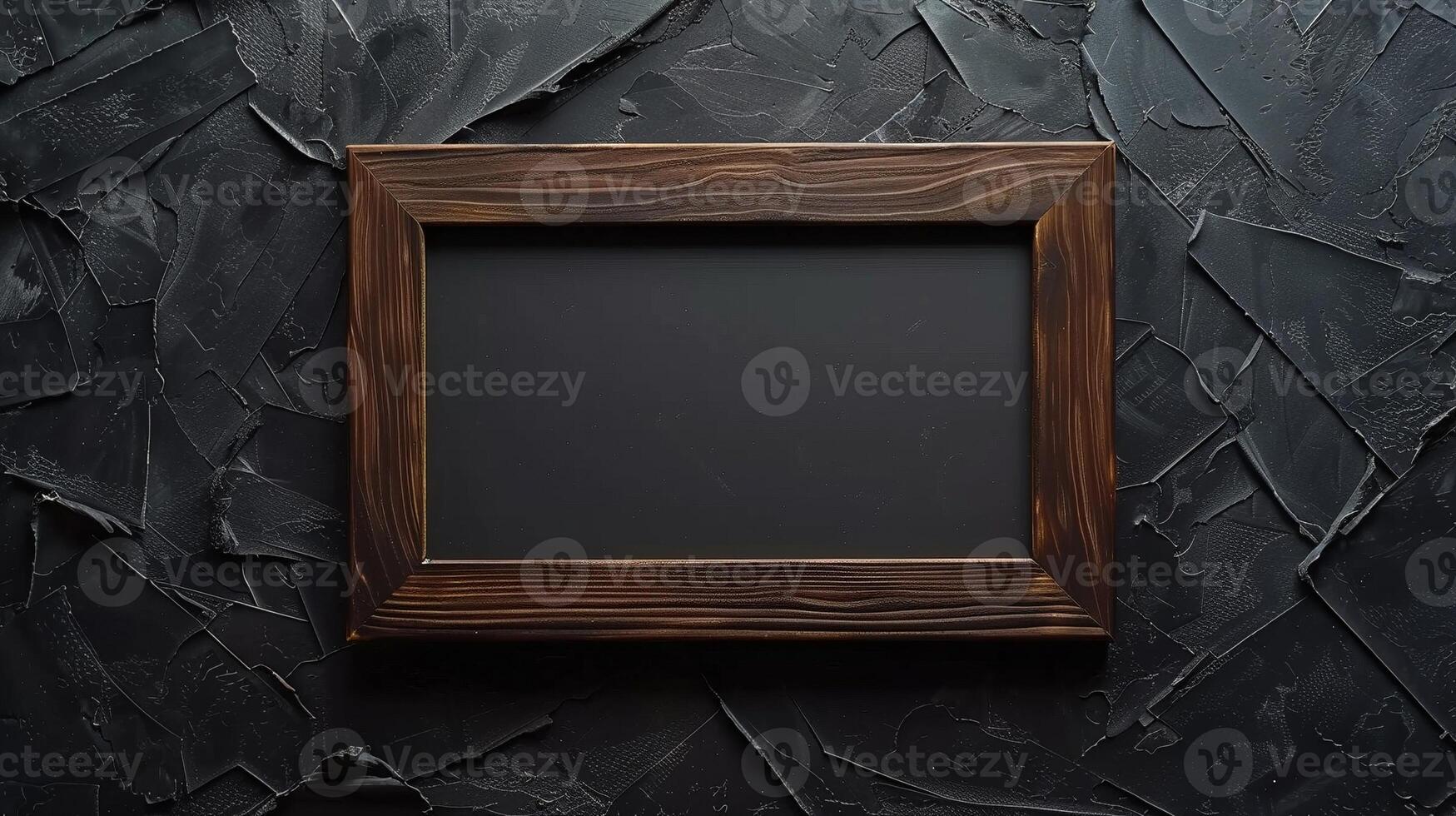 Rustic wooden frame mockup placed on textured black wall. Dramatic moody aesthetic photoframe template advertising image. Contemporary design pictureframe mock up product photorealistic photo