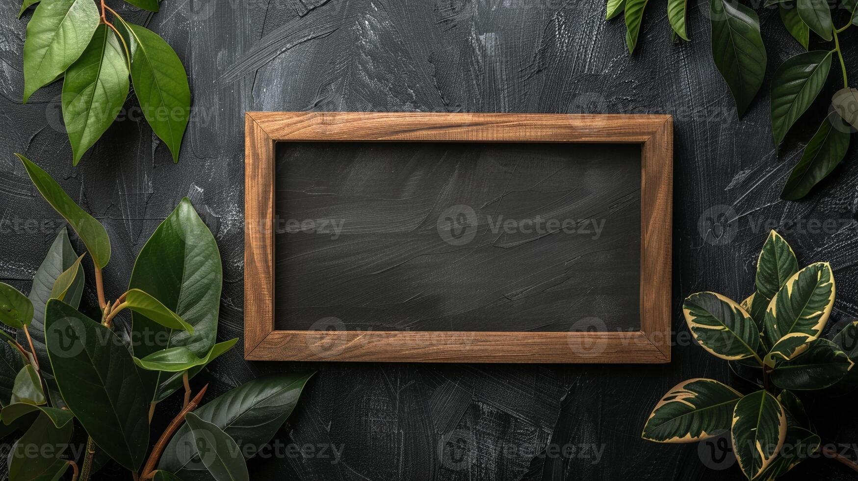 Wooden frame mockup surrounded by lush green foliage on textured black. Dimly lit photoframe template advertising image. Contemporary design pictureframe mock up product photorealistic photo
