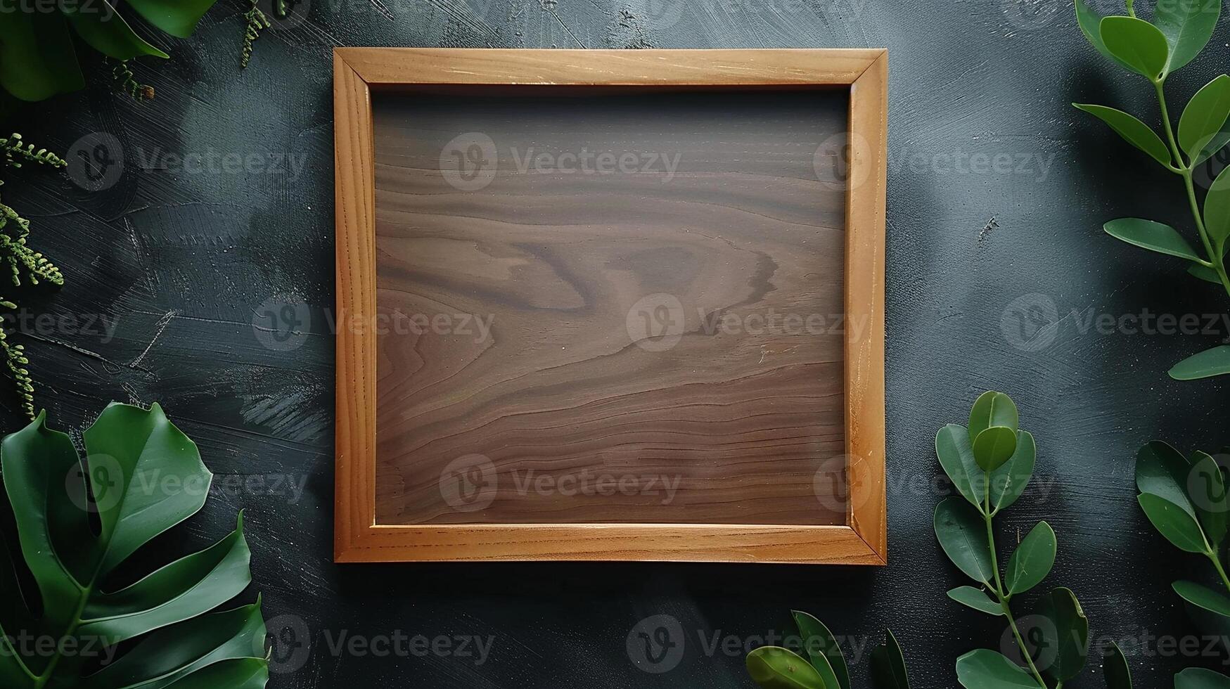 Wooden frame mockup against textured black wall with monstera tropical leaves. Dimly lit photoframe template advertising image. Contemporary pictureframe mock up product photorealistic photo
