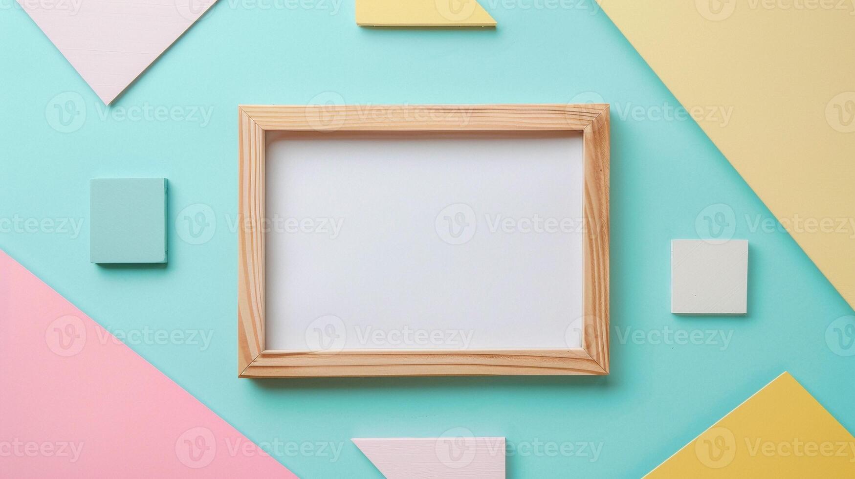 Wooden frame mockup surrounded by geometric shapes in soft pastel tones. Playful photoframe template advertising image. Abstract layout pictureframe mock up product photorealistic photo