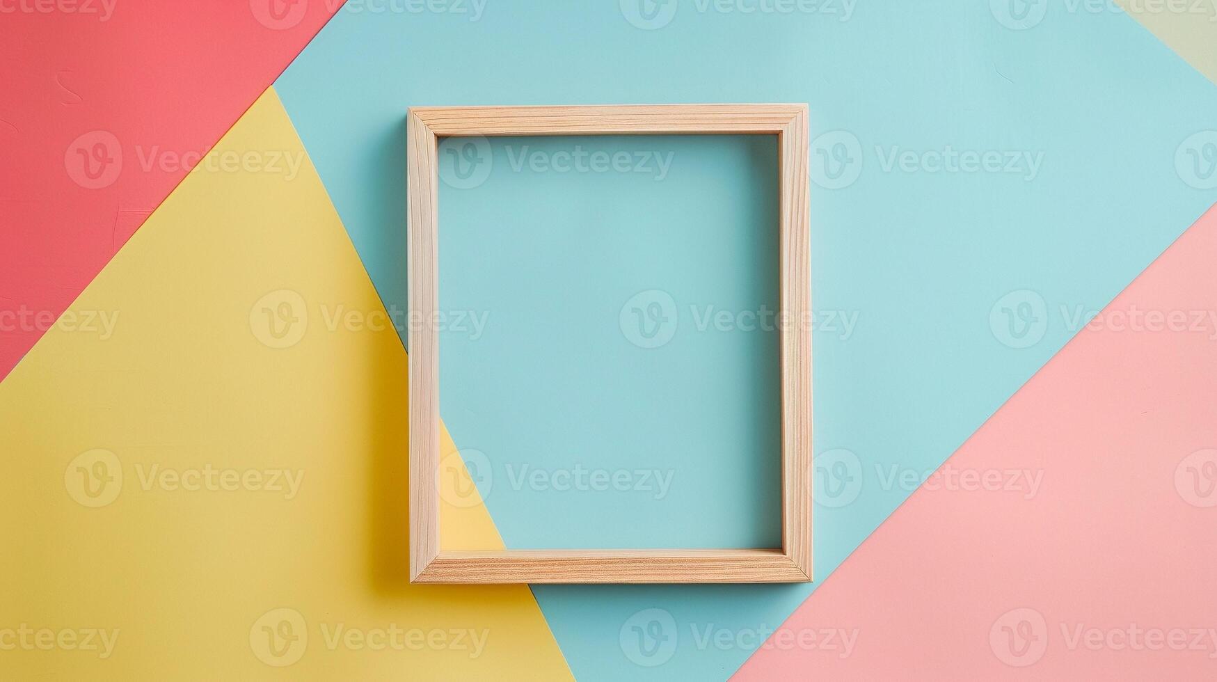 Minimalist wooden frame mockup positioned on bold pastel background. Playful photoframe template advertising image. Geometric patterns pictureframe mock up product photorealistic photo
