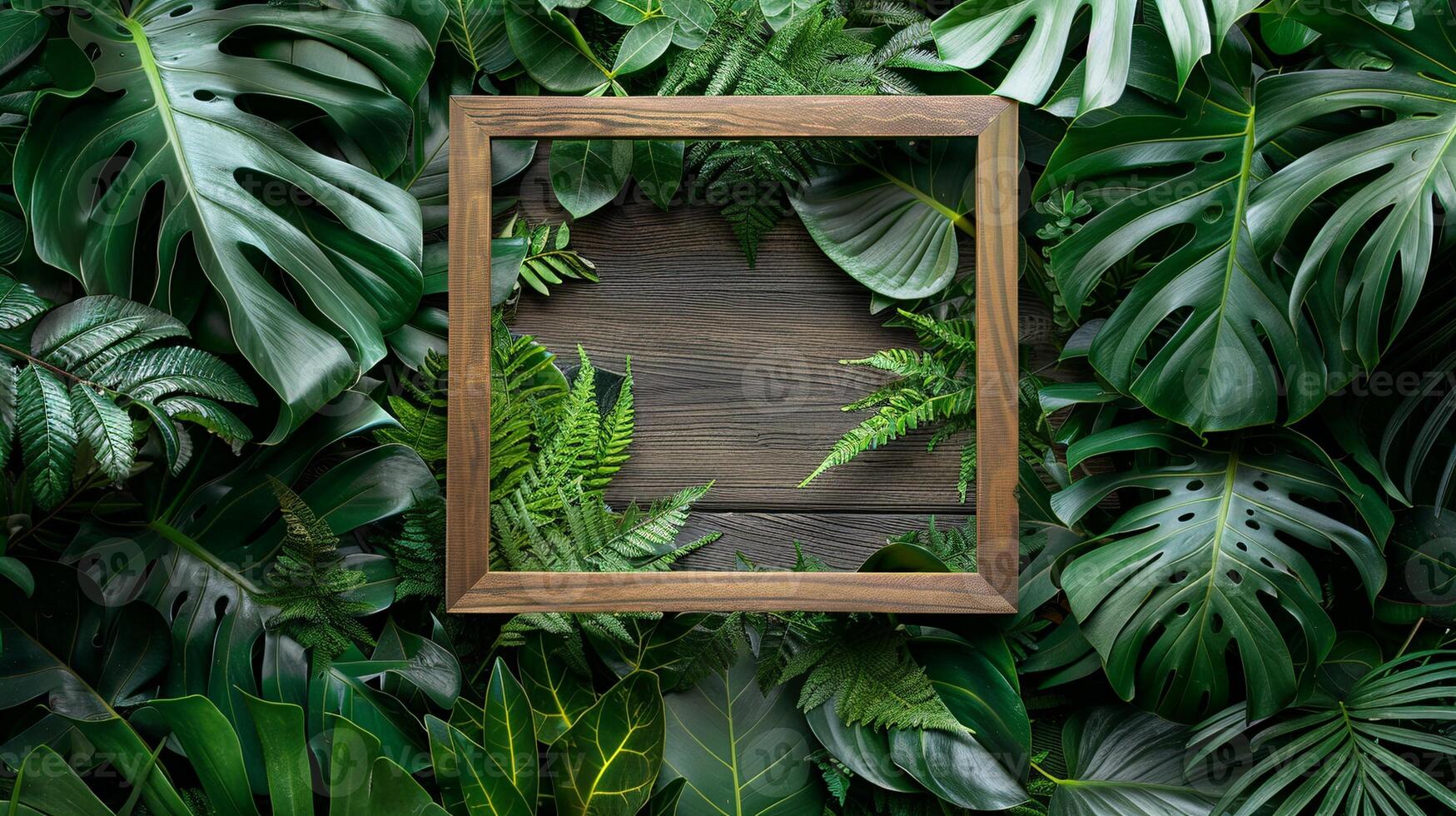Square wooden frame mockup amidst vibrant tropical lush monstera foliage. Eco-friendly style border template advertising image. Jungle leafy photoframe mock up product photorealistic photo