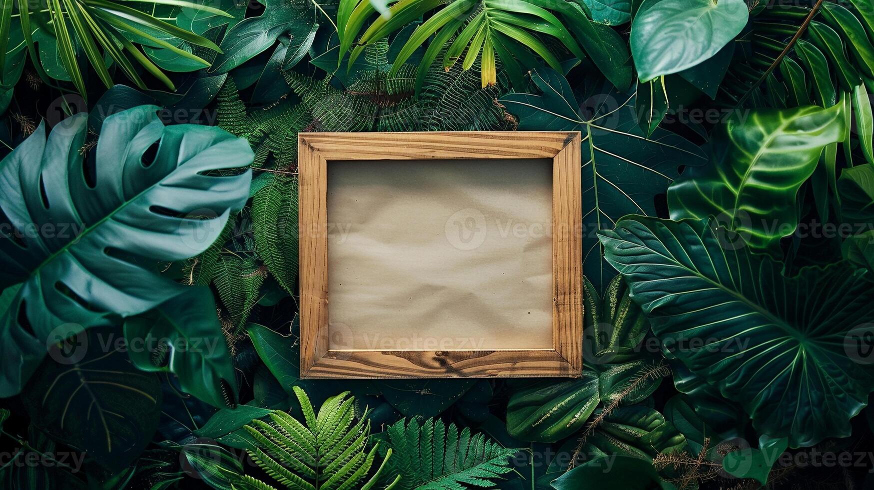 Square wooden frame mockup surrounded by vibrant tropical leaves. Jungle foliage border template advertising image. Lush plants botanical photoframe mock up product photorealistic photo