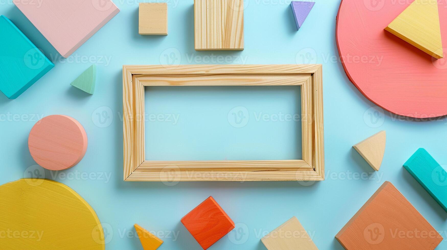 Wooden frame mockup surrounded by colorful geometric shapes. Playful arrangement photoframe template advertising image. Artistic circles, cubes, triangles pictureframe mock up product photo