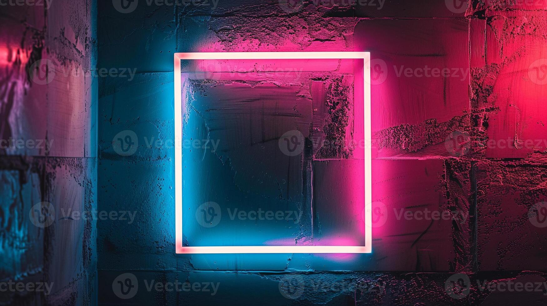 Glowing neon square frame mockup on textured concrete wall. Vibrant pink blue lights futuristic border template advertising image. Night urban aesthetic mock up product photorealistic photo