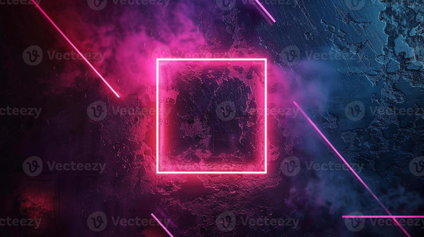 Neon pink square frame mockup with smoky glow illuminates textured wall. Futuristic border template advertising image. Night life urban aesthetic mock up product photorealistic photo