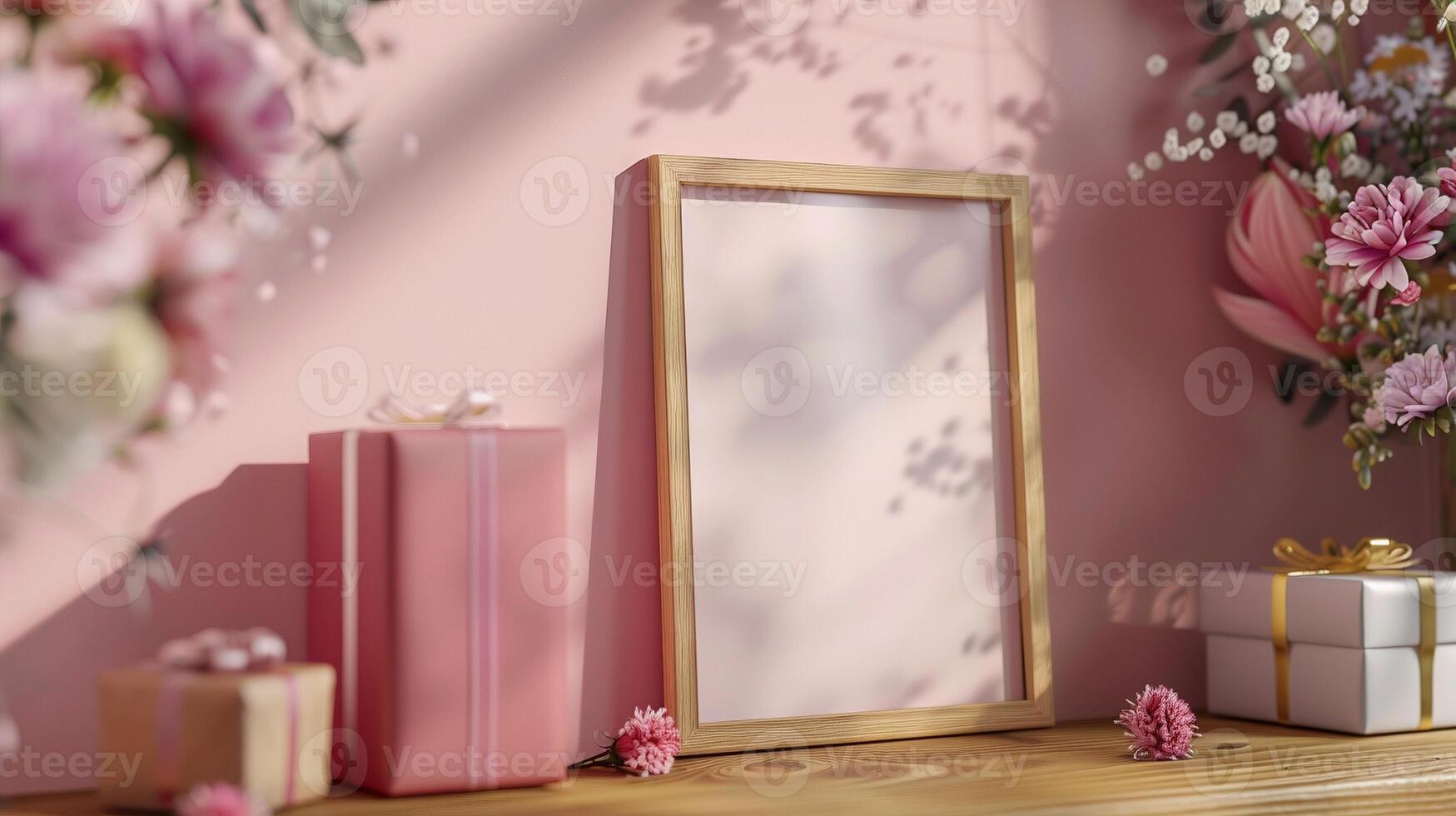 Soft pink floral and gift arrangement with wooden frame mockup. Wrapped presents, delicate flowers pictureframe template advertising image. Feminine photoframe mock up photorealistic photo