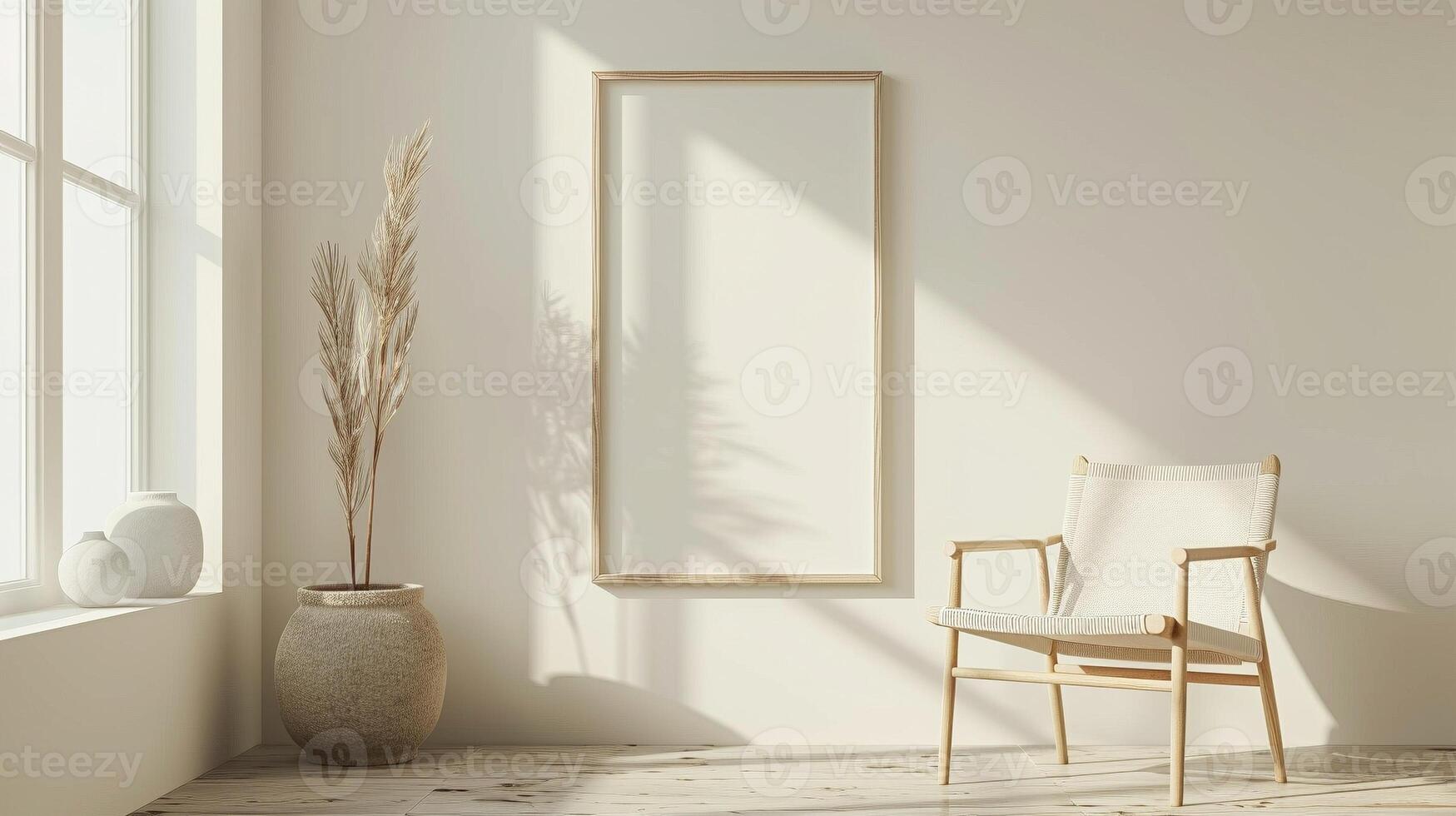 Scandinavian minimalist room with frame mockup. Japandi style photoframe template advertising image. Wooden chair, vase pampas grass. Vertical pictureframe mock up product photorealistic photo