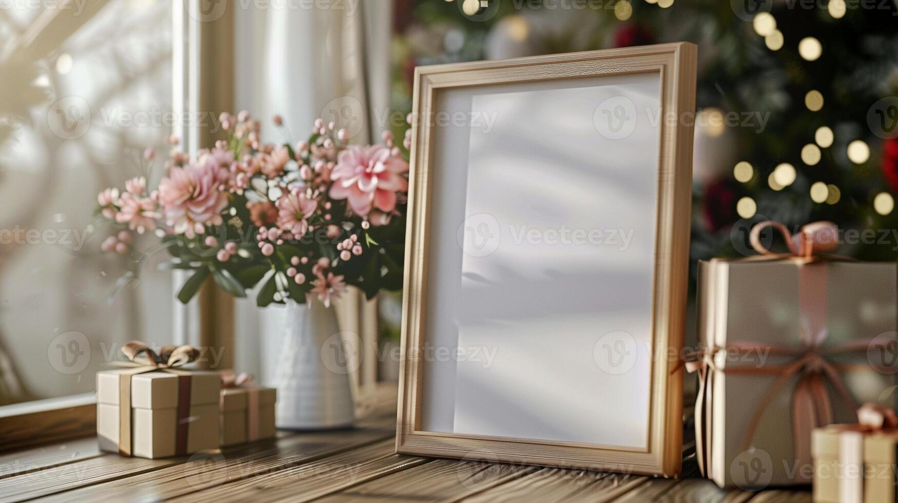 Rustic holiday frame mockup with pink flowers and gifts by window. Soft holiday lights pictureframe template advertising image. Seasonal celebration photoframe mock up photorealistic photo