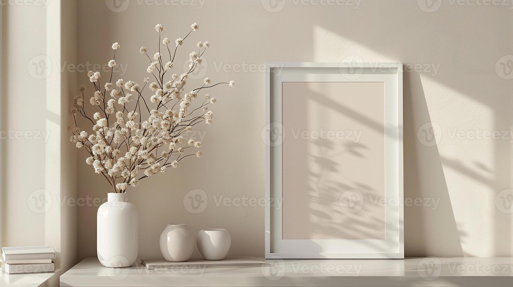 Simple white vases with delicate dried flowers beside minimalist frame mockup. Japandi style photoframe template advertising image. Poster border pictureframe mock up photorealistic photo