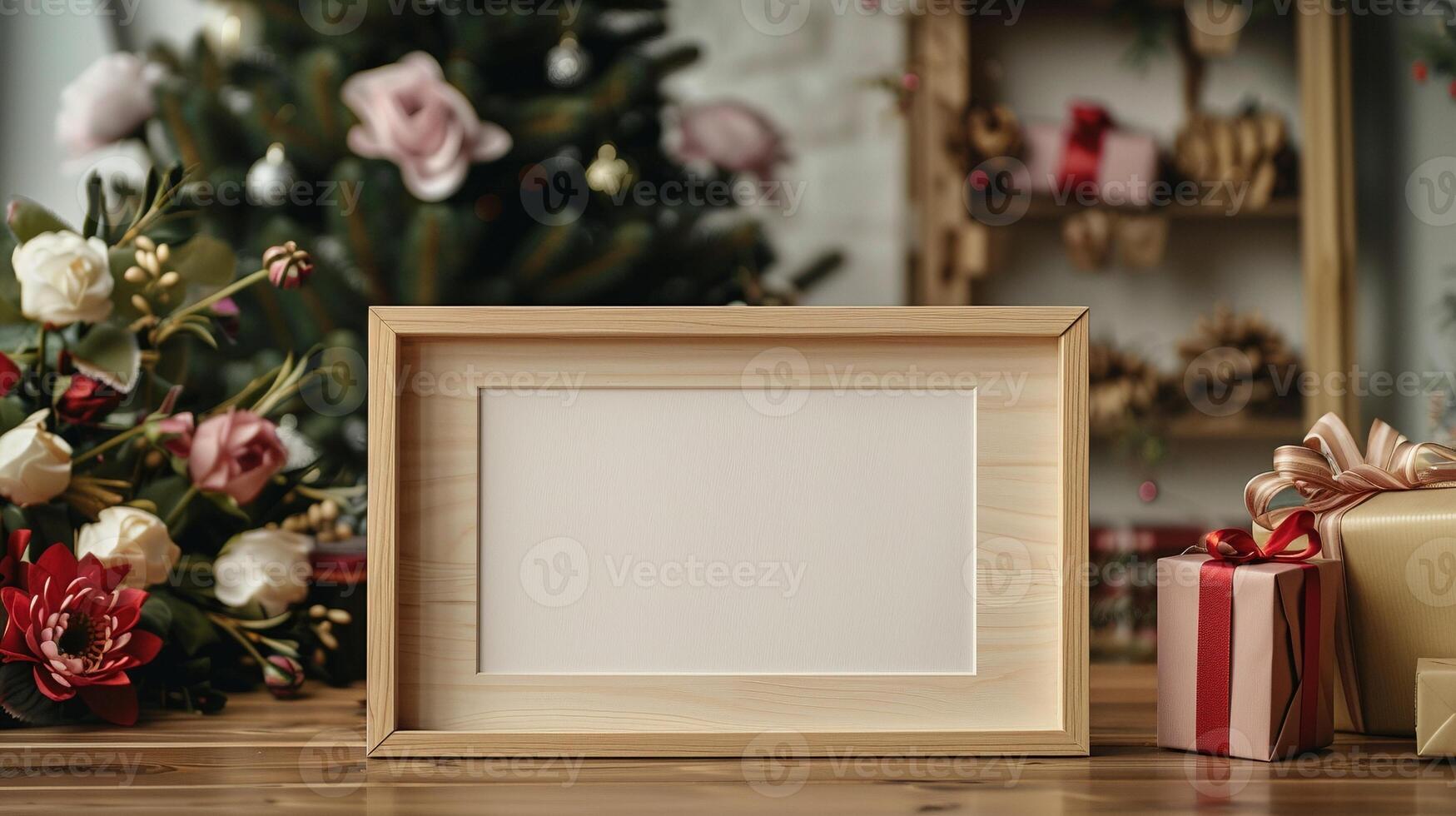 Horizontal wooden frame mockup on festive table adorned with presents flowers. Blurred Christmas tree pictureframe template advertising image. Warm holiday ambiance photoframe mock up photo