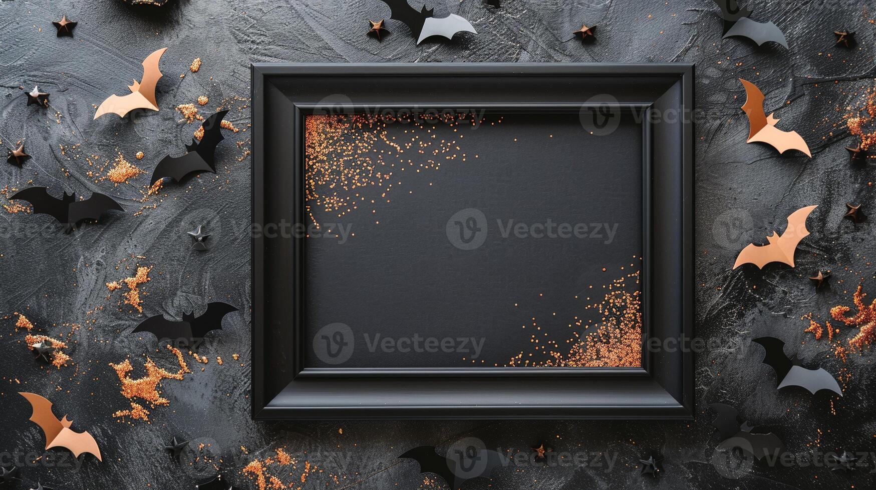 Halloween frame mockup with glittering bats and black stars. Spooky festive Helloween pictureframe template advertising image. Magical Haloween photoframe mock up product photorealistic photo