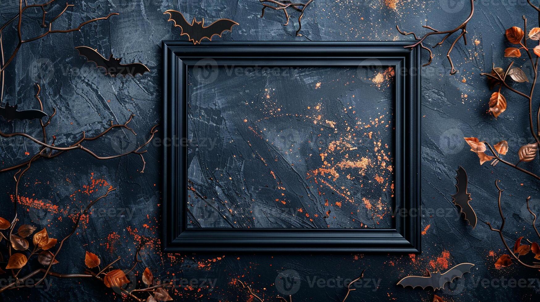 Dark frame mockup with Halloween bats and autumn branches. Helloween pictureframe template advertising image. Orange leaves spooky. Haloween photoframe mock up product photorealistic photo