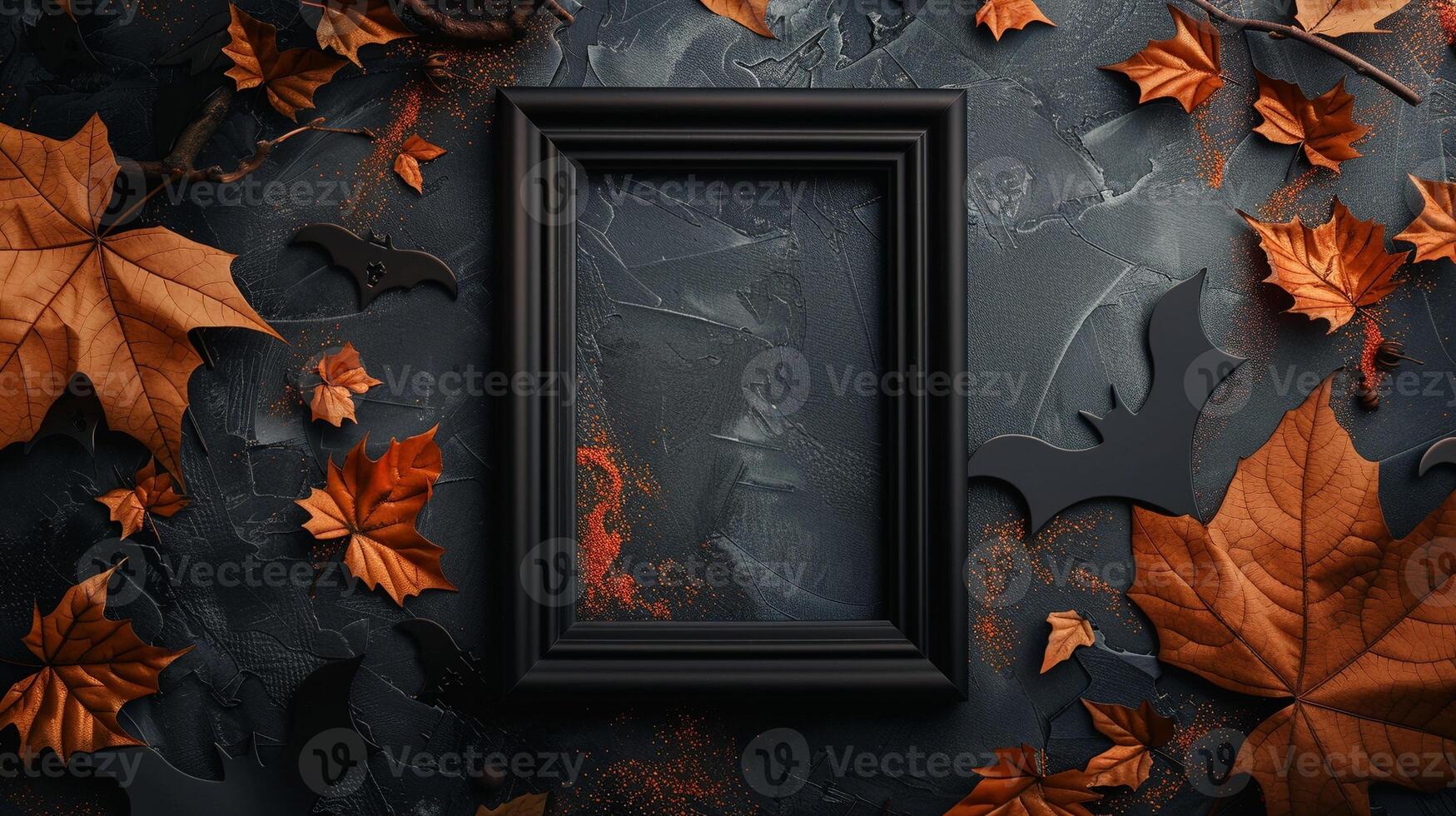 Vertical black frame mockup with orange autumn leaves and bat silhouettes. Spooky autumnal Helloween pictureframe template advertising image. Haloween photoframe mock up photorealistic photo
