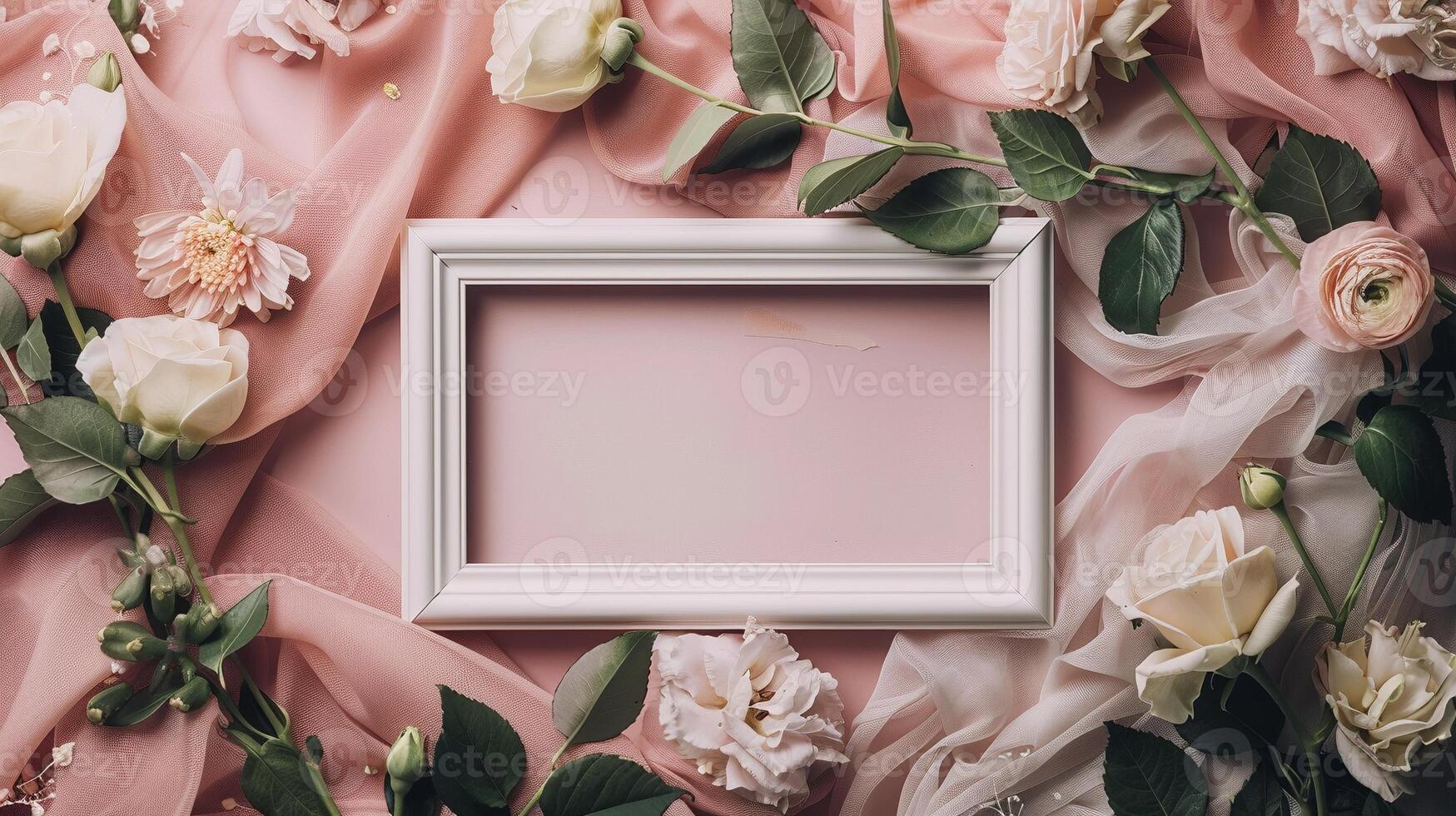 Romantic white frame mockup surrounded by roses draped pink fabric. Wedding invitation photoframe template advertising image. Bridal theme pictureframe mock up product photorealistic photo