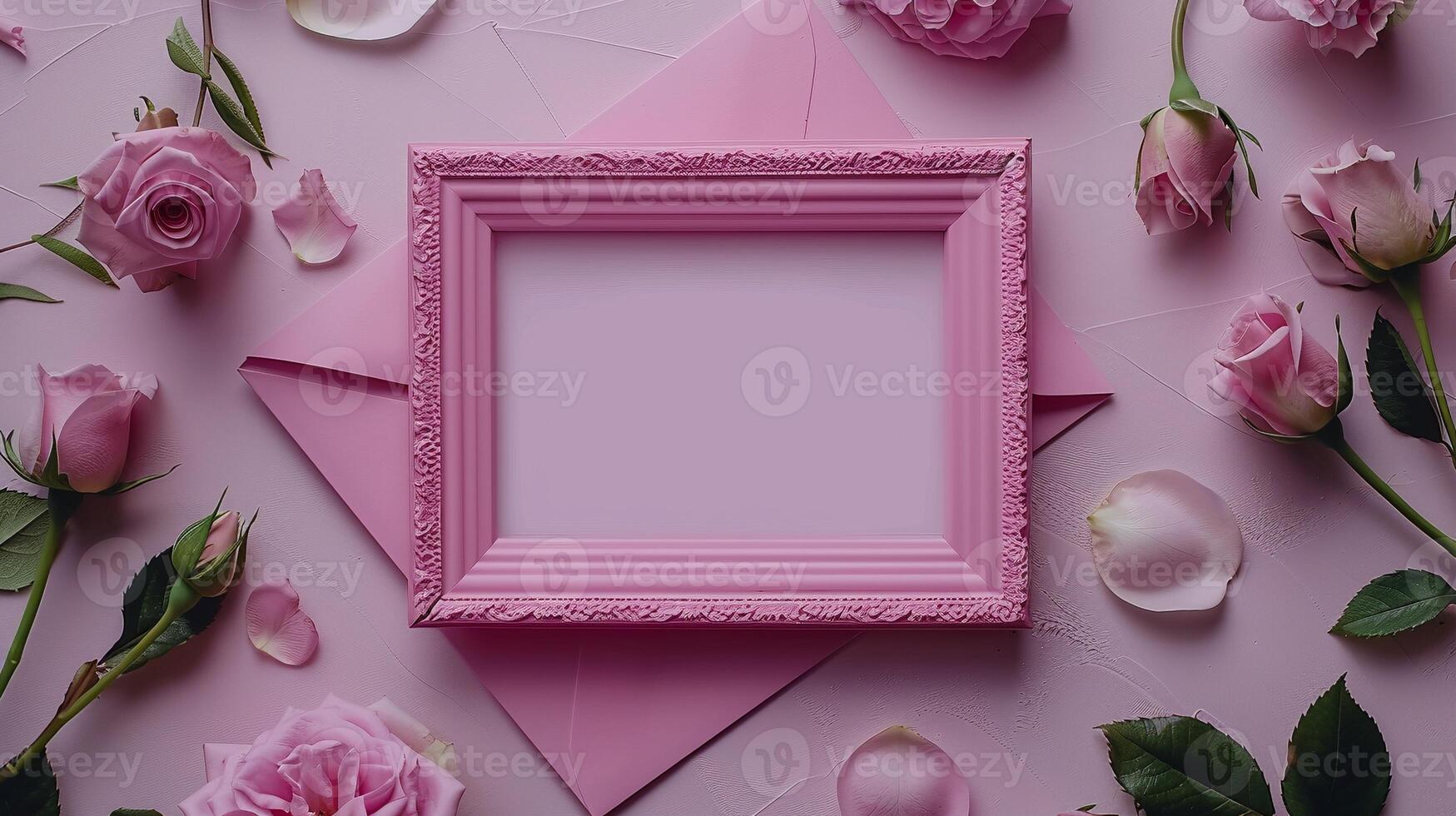 Delicate pink frame mockup accompanied by roses petals envelope. Romantic floral photoframe template advertising image. Stationery and flowers pictureframe mock up photorealistic photo