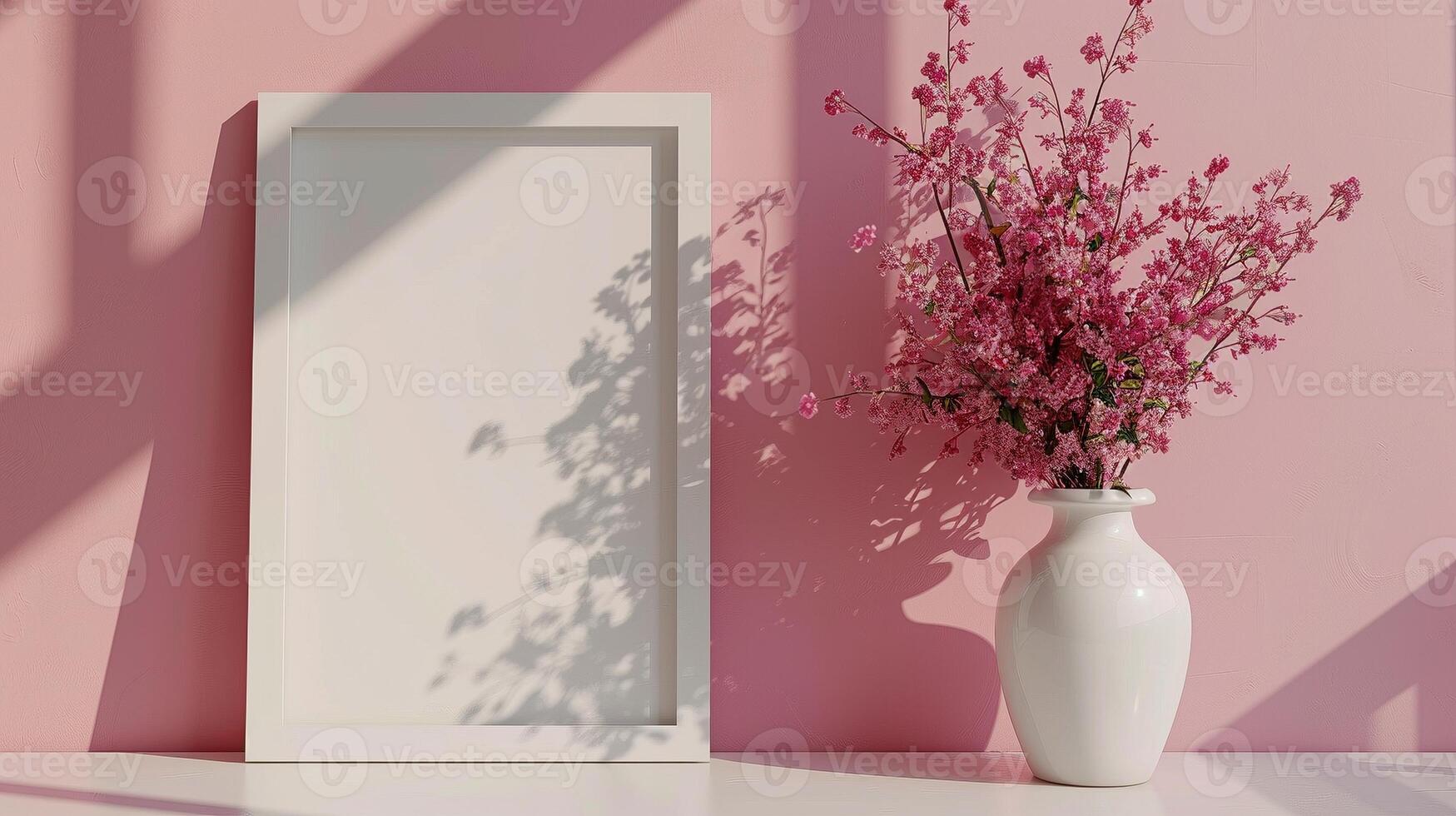 Blank white picture frame mockup beside pink flowers vase. Feminine pictureframe template advertising image. Casting shadows on pastel pink wall border mock up product photorealistic photo