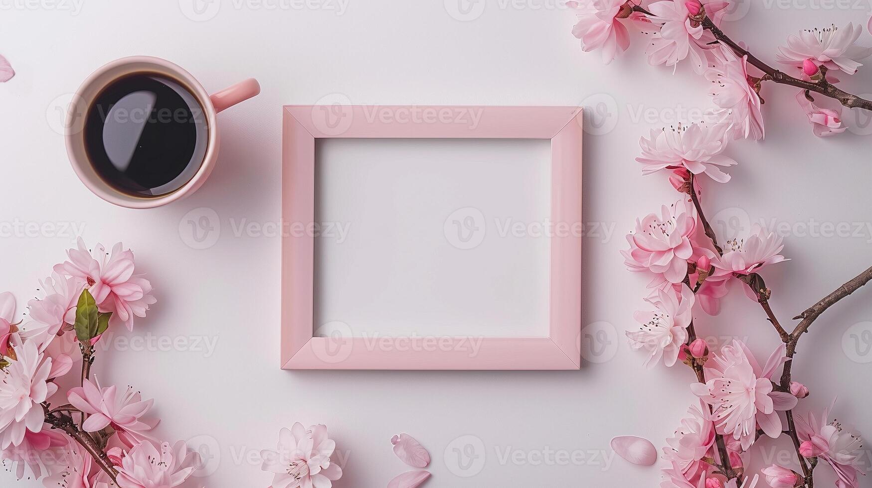 Pink frame mockup with cup of black coffee and cherry blossoms. Calming spring-inspired coffeecup floral border template advertising image. Mother day photoframe mock up photorealistic photo