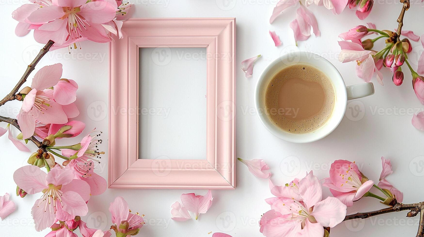 Delicate pink frame mockup surrounded by cherry blossoms and latte cup. Coffeecup floral border template advertising image. Mother day photoframe mock up product photorealistic photo