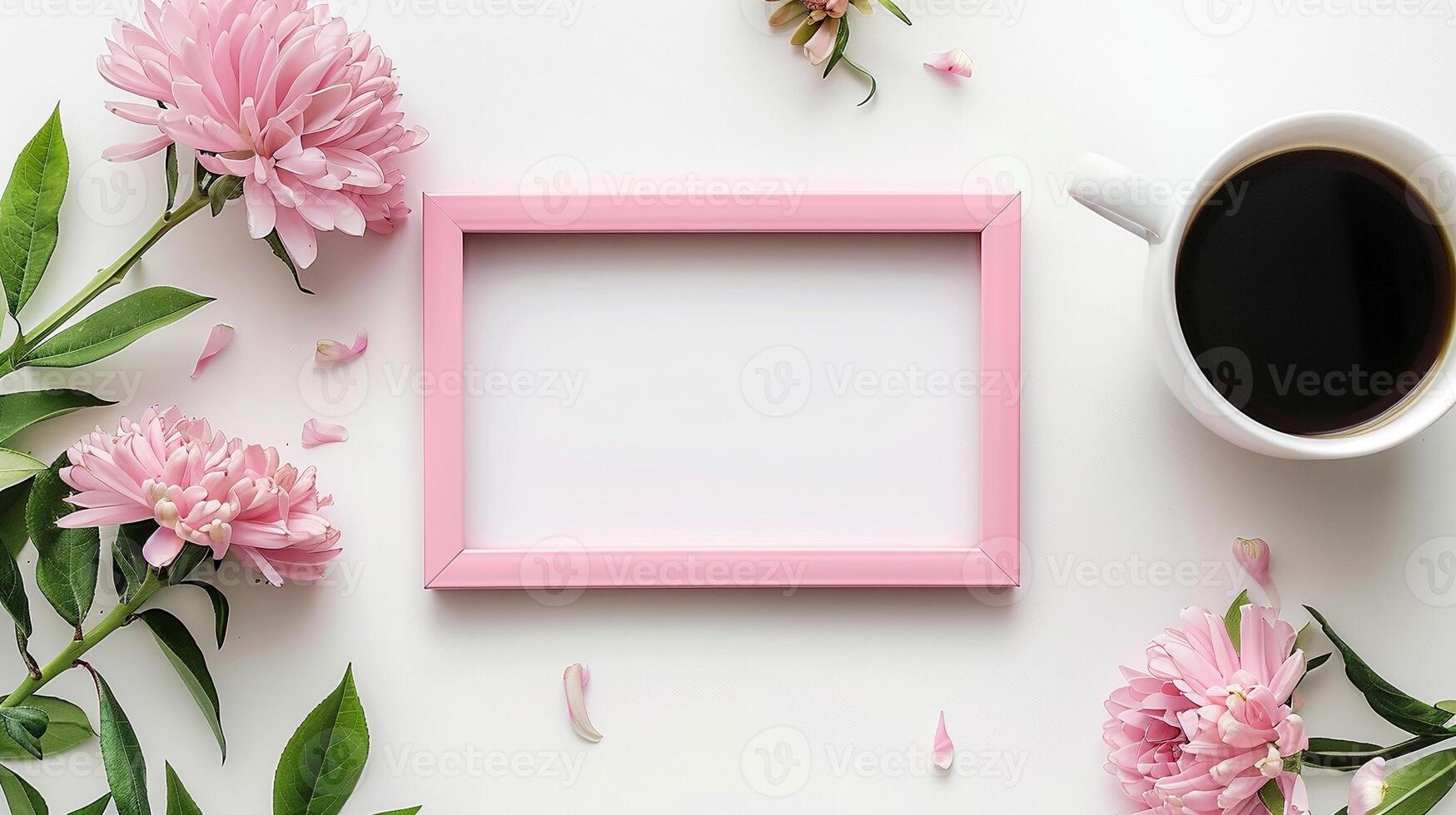 Pink frame mockup with chrysanthemums and black coffee cup. Peaceful spring-like coffeecup floral border template advertising image. Mother day photoframe mock up product photorealistic photo