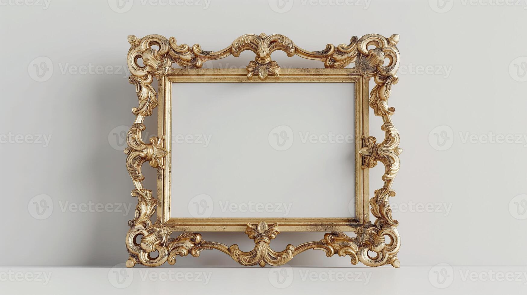 Elegant baroque gold frame mockup with intricate curves ornate floral patterns. Sophisticated photoframe template advertising image. Classic pictureframe mock up product photorealistic photo