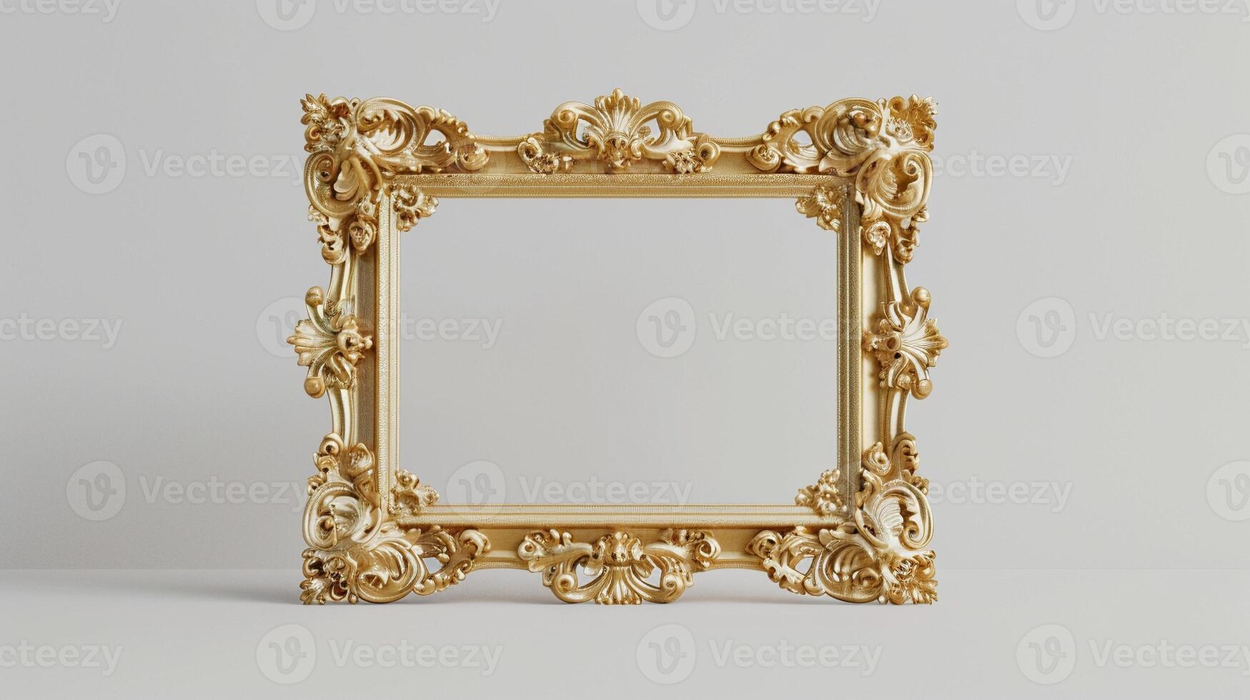 Gold baroque frame mockup intricate design with bold scrolls rich ornamentation. Sophisticated photoframe template advertising image. Classic pictureframe mock up product photorealistic photo