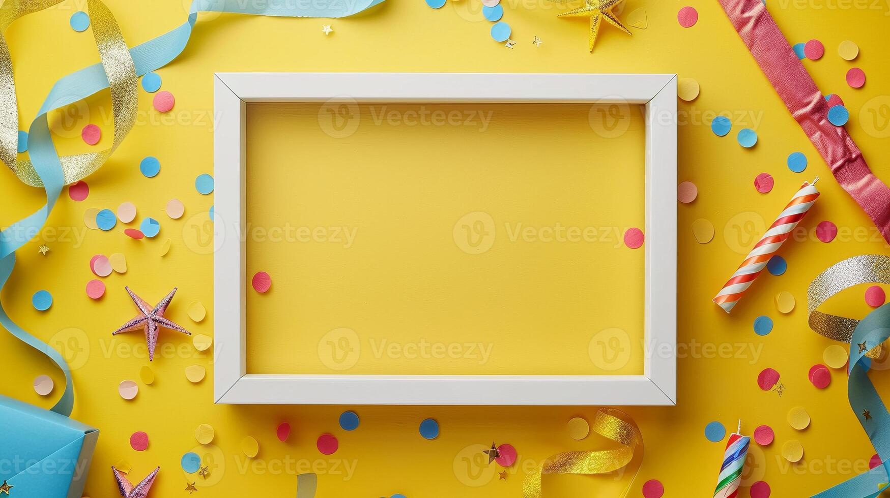 Party frame mockup with confetti and candles on yellow background. Fun festive pictureframe template advertising image. Playful arrangement photoframe border mock up photorealistic photo