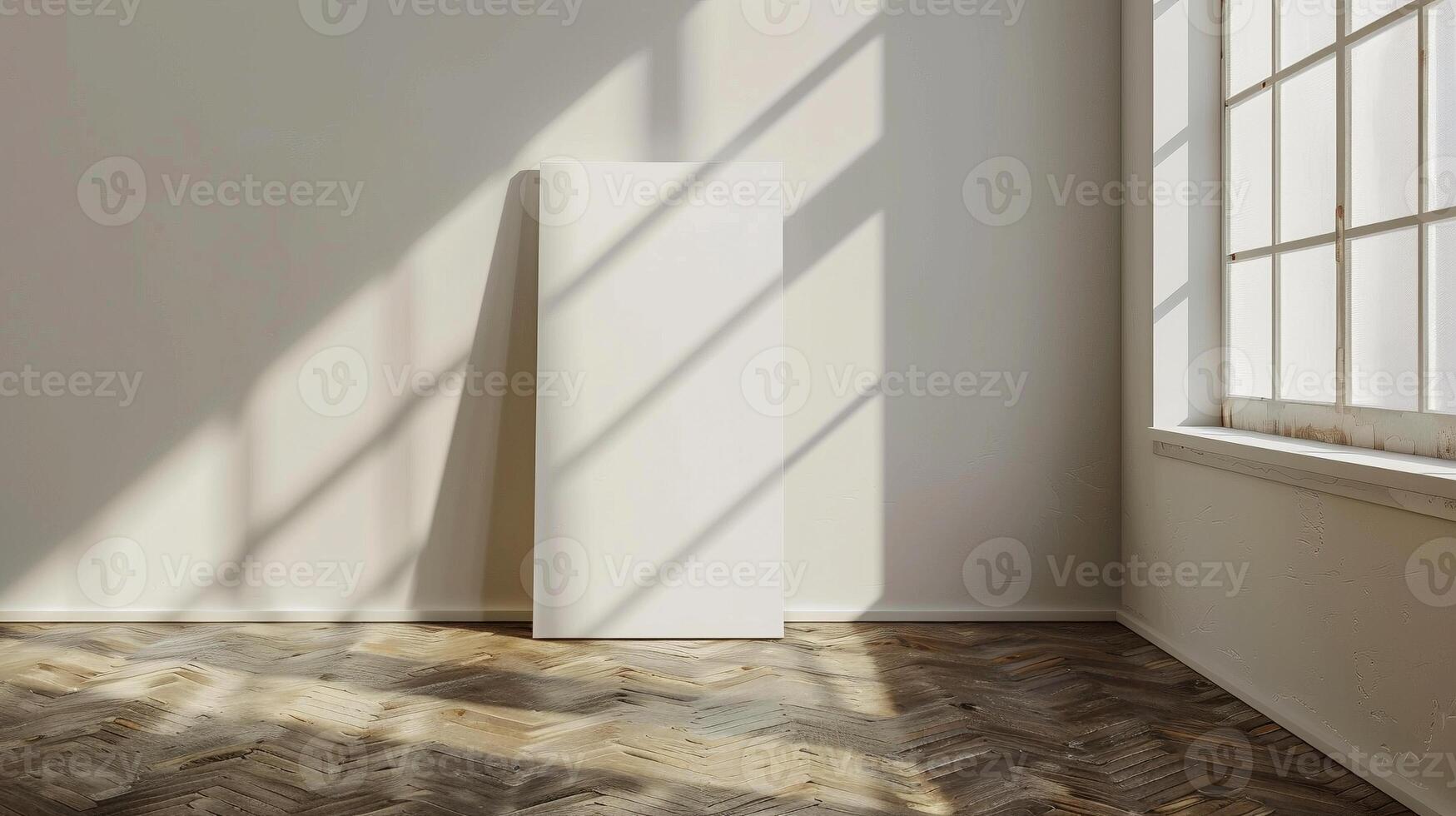 Blank white canvas mockup with dramatic lighting on rustic herringbone floor. Gallery border template advertising image. Exhibition artistic simplicity mock up product photorealistic photo