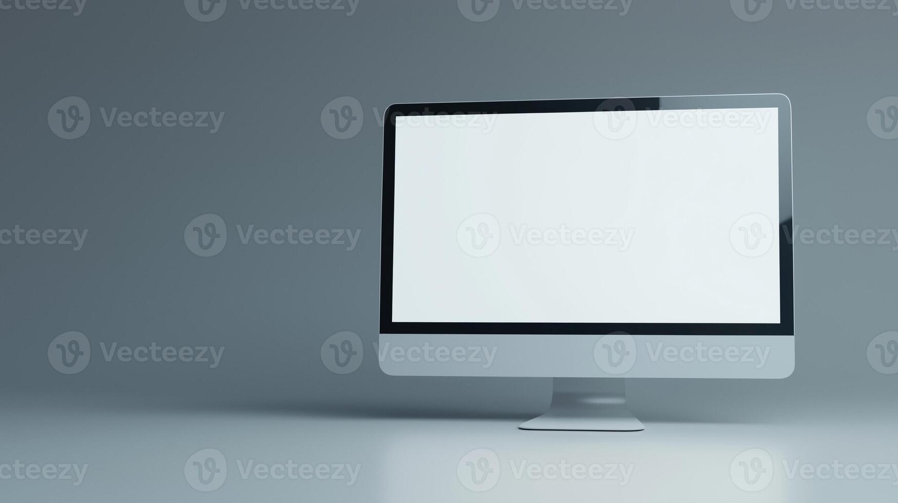 Monitor mockup of modern computer in empty space. Digital device blank screen template advertising image. Powerful pc with mock up display on white desk product photorealistic photo