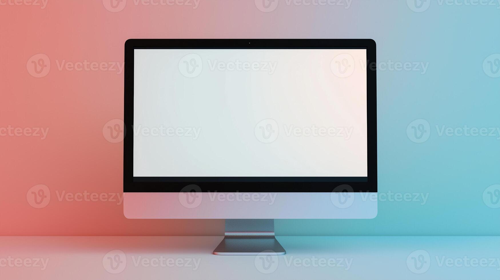 Mockup pc monitor in studio toned ping and green. Computer display demonstration in store template advertising image. Electronic equipment screen mock up product photorealistic photo