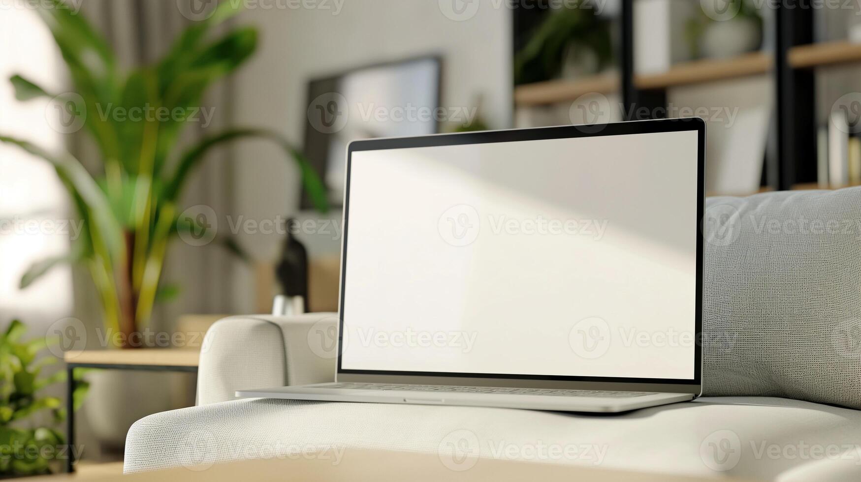 Laptop with mockup screen on sofa. Notebook computer with blank display in living room template advertising image. Modern technology internet mock up screen product photorealistic photo