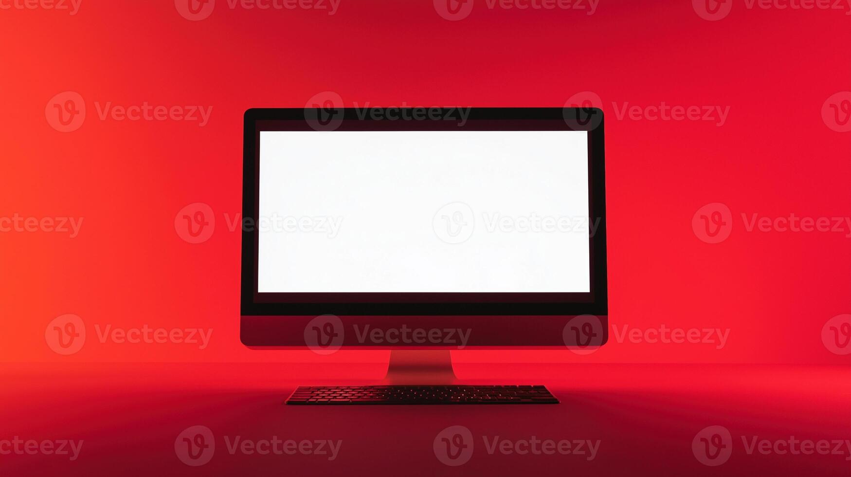 Glowing monitor mockup in red space. Computer equipment presentation with display template advertising image. Digital electronic device mock up screen product photorealistic photo