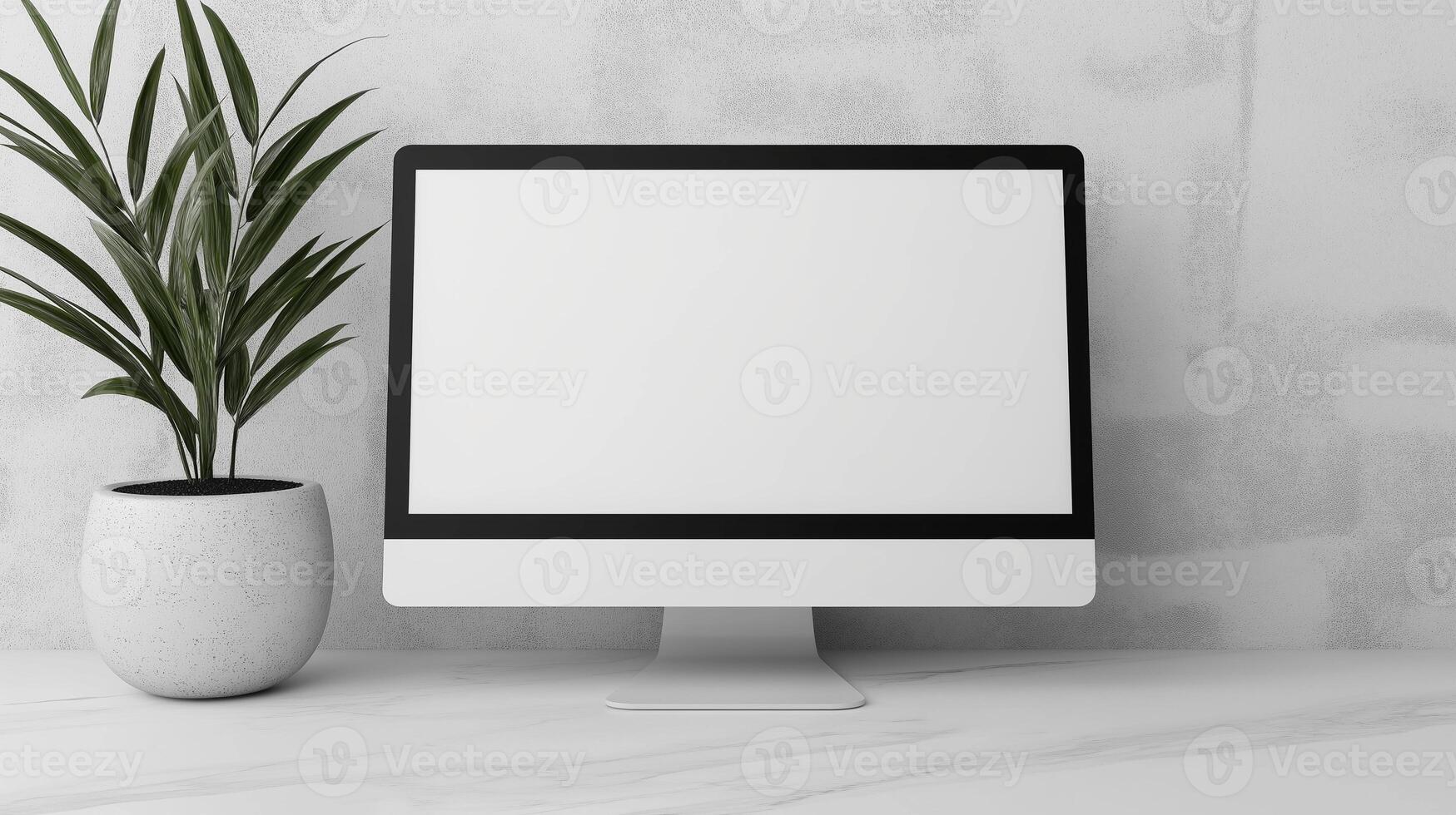 Exotic plant in pot and computer display mockup. Modern office decor with pc monitor template advertising image. Employee workplace digital screen mock up product photorealistic photo