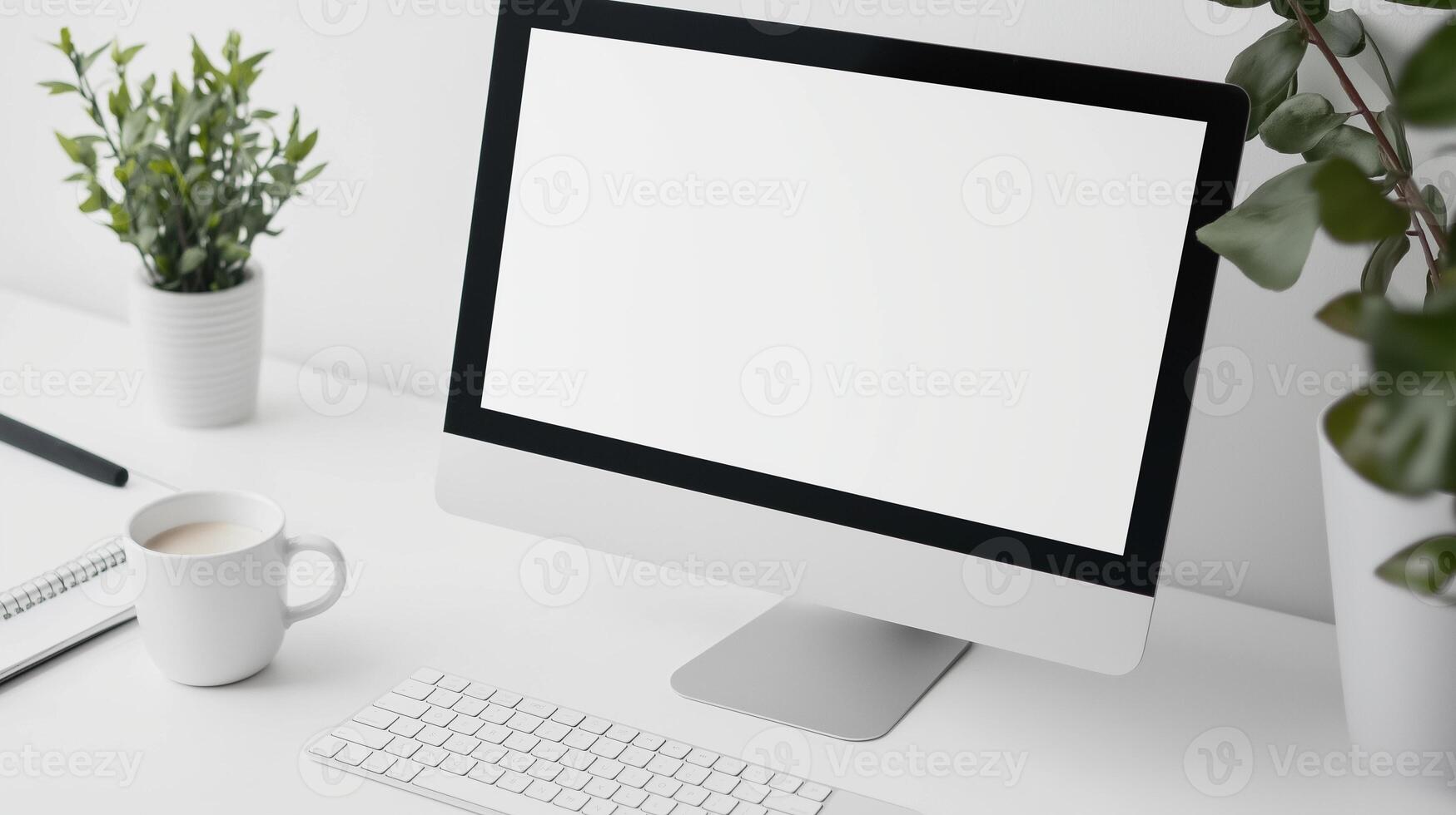 Computer screen mockup with coffee cup and houseplants. Business technology device on desk template advertising image. Office workplace screen mock up product photorealistic photo