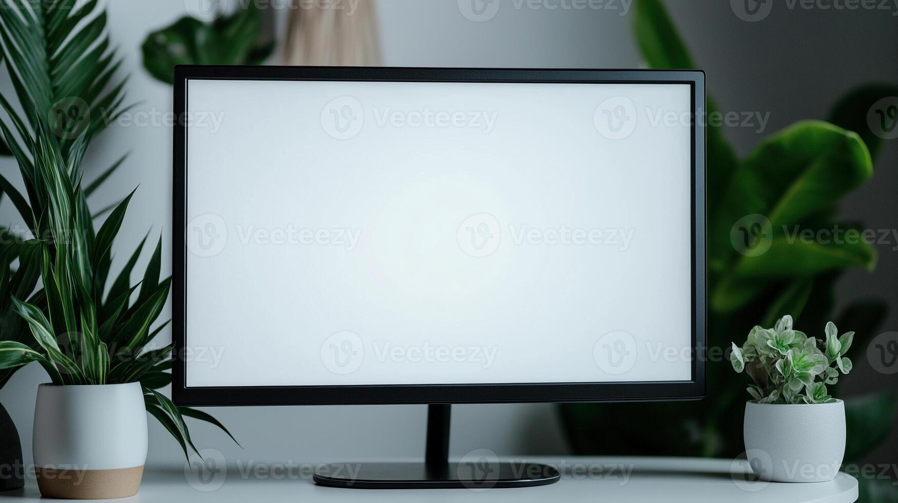 Screen mockup of office pc in company office. Lush houseplants near computer display on table template advertising image. Business technology monitor mock up product photorealistic photo