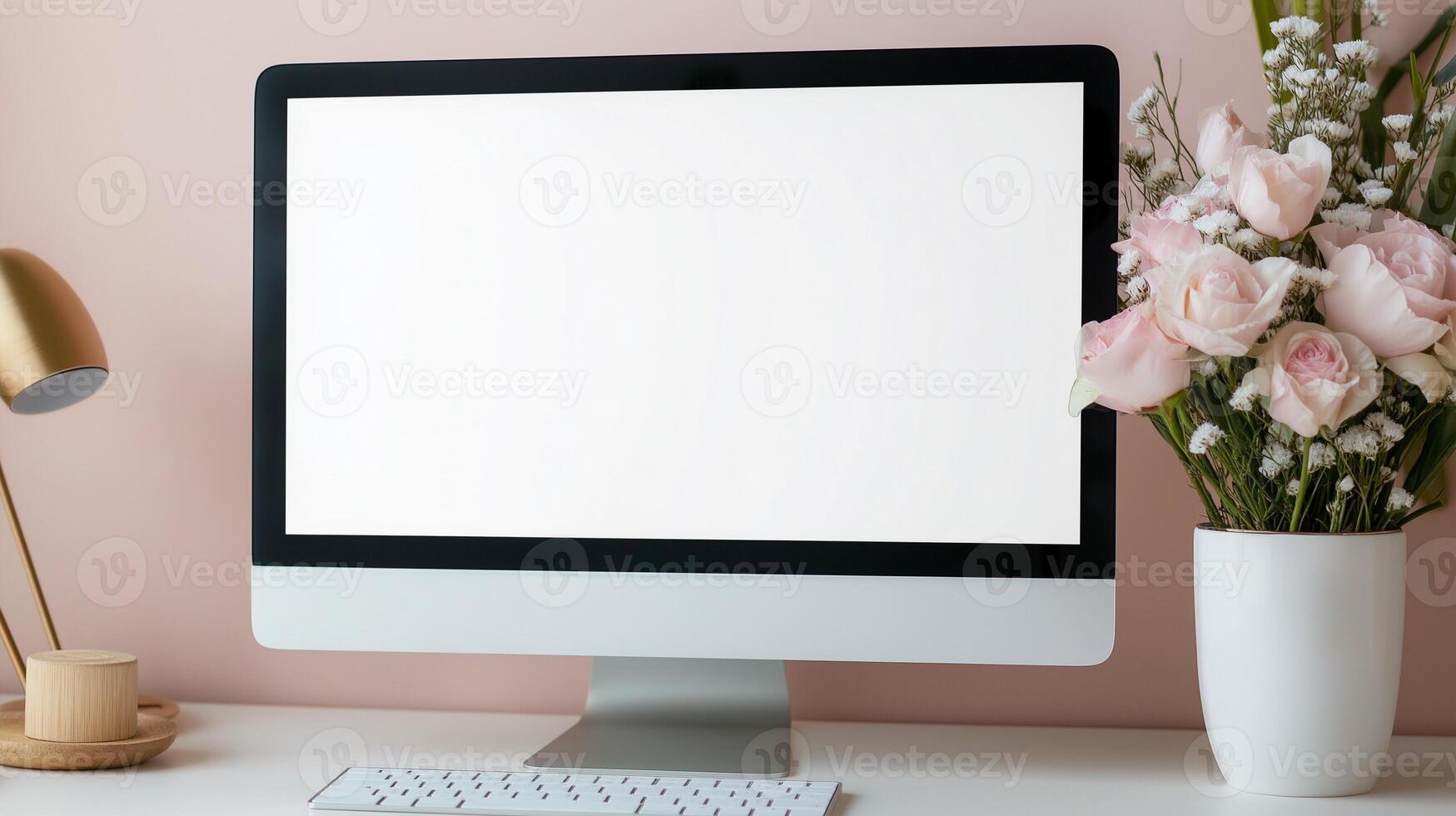 Festive bouquet near computer display mockup. Modern pc with roses and baby breath composition template advertising image. Office device screen mock up product photorealistic photo
